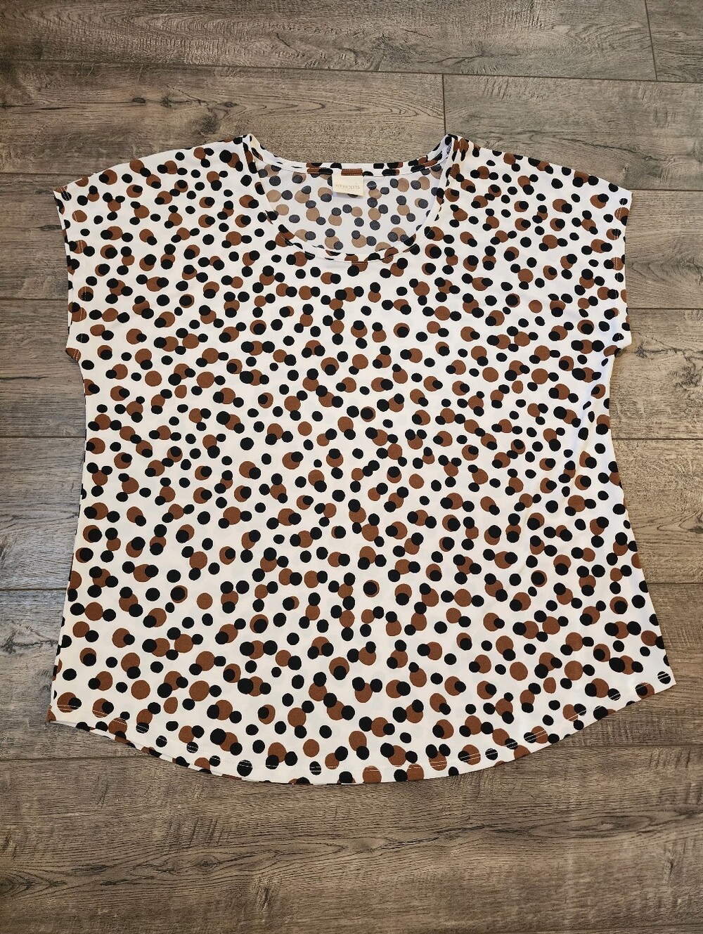 Chico's Womens Blouse White w/Black Brown Polka Dot  Short Sleeve Cap